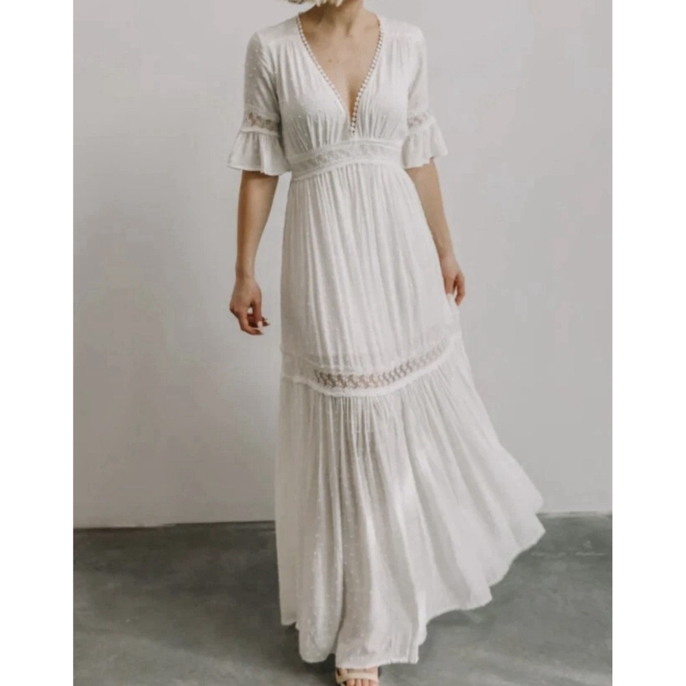 Baltic Born Rayne Swiss Dot Ivory Maxi Dress Deep V Boho Cottagecore Wedding